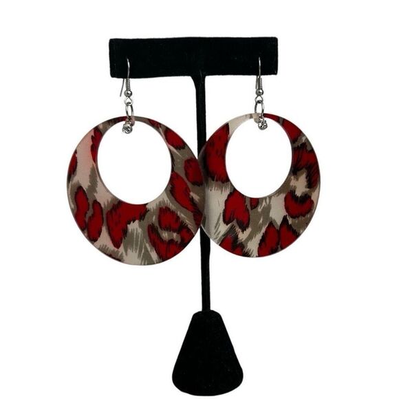 Vtg Dangle Earrings Women's 3 1/4" Red Gray Circle Acrylic Animal Print Pierced - Picture 1 of 7